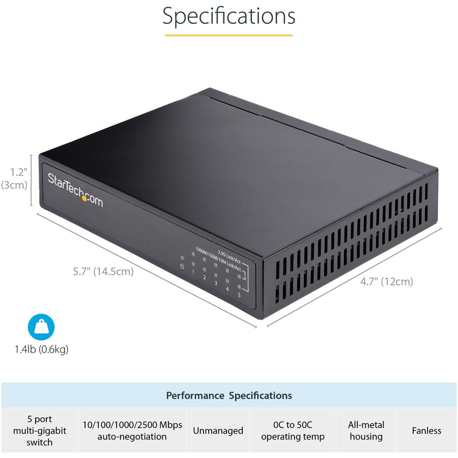 StarTech.com Unmanaged 2.5G Switch, 5 Port 2.5GBASE-T Unmanaged Ethernet Switch, Din Rail | Wall Mount, Multi-Gigabit, Auto-MDIX, 9K Jumbo DS52000
