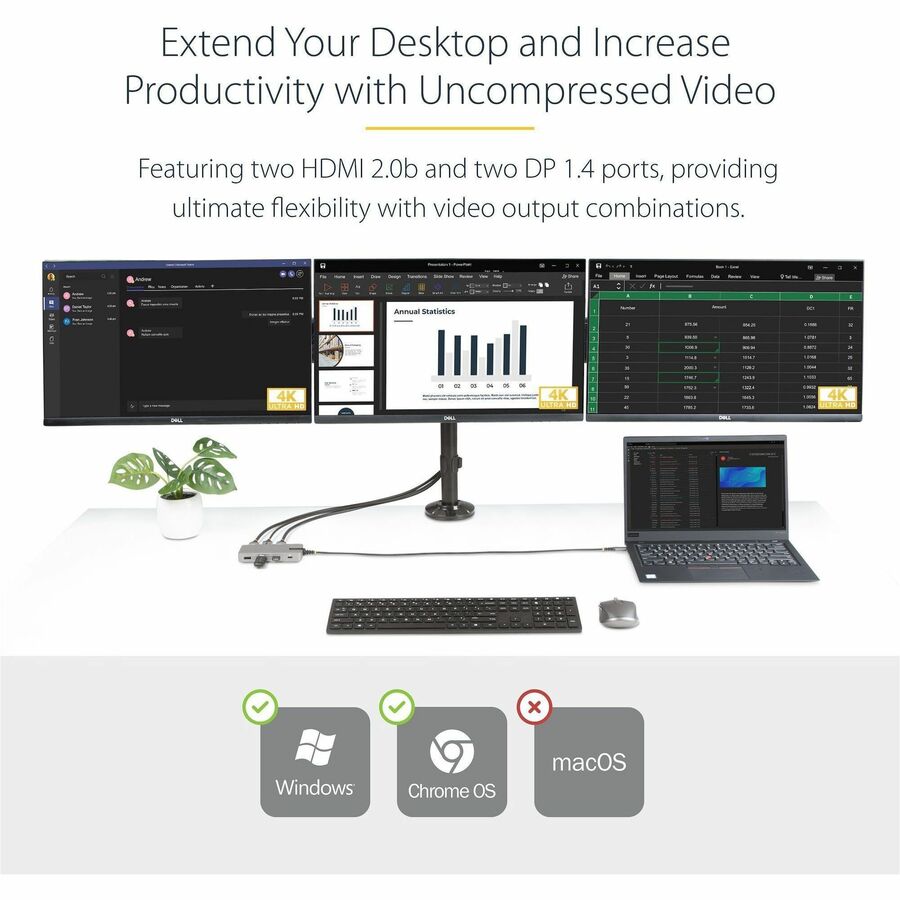 StarTech.com USB-C Triple-Monitor Multiport Adapter, HDMI & DisplayPort, 3x 10Gbps USB Hub, PD Pass-Through, GbE, Travel Docking Station 117B-USBC-MULTIPORT