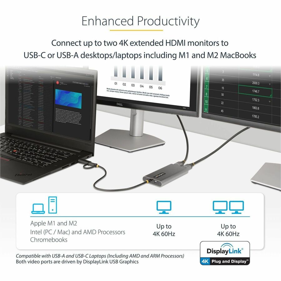 StarTech.com USB-C to Dual-HDMI Adapter, USB-C/A to 2x HDMI, 4K 60Hz, 100W PD Pass-Through, 1ft/30cm Built-in Cable, USB to HDMI Converter 109B-USBC-HDMI