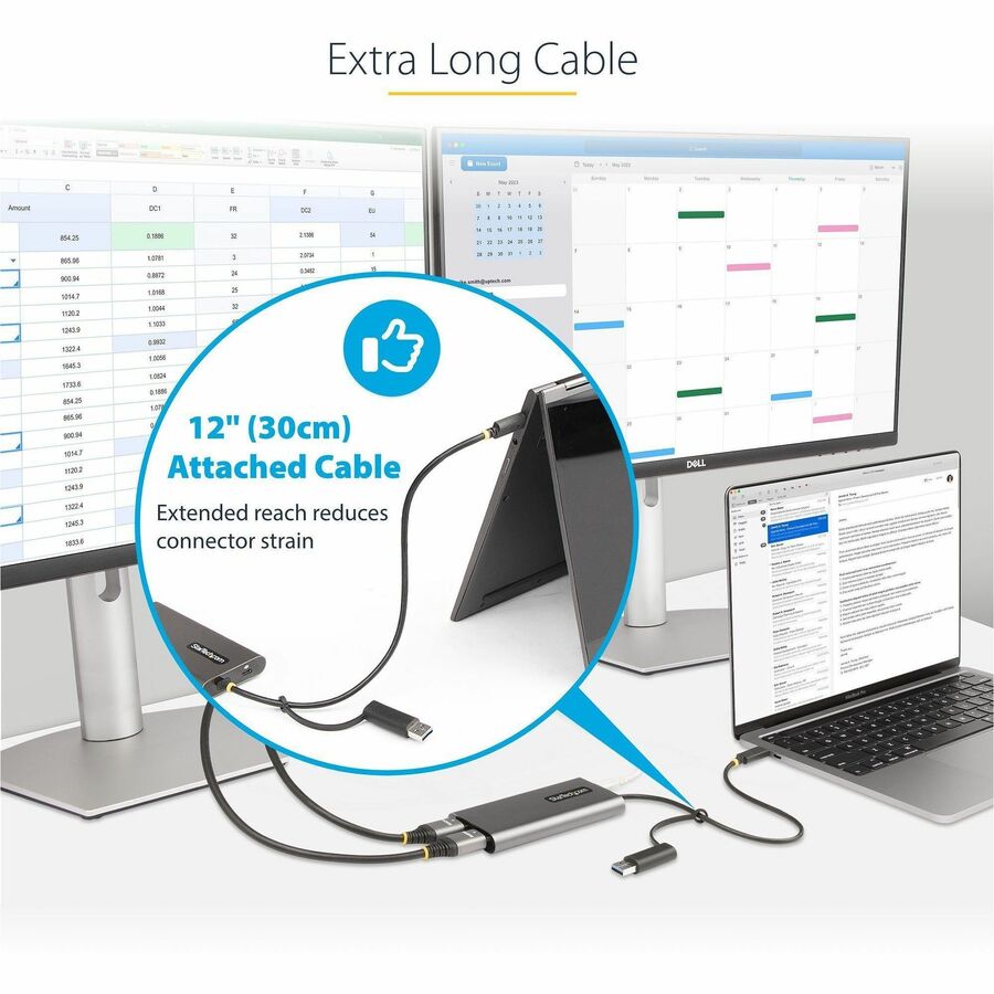 StarTech.com USB-C to Dual-HDMI Adapter, USB-C/A to 2x HDMI, 4K 60Hz, 100W PD Pass-Through, 1ft/30cm Built-in Cable, USB to HDMI Converter 109B-USBC-HDMI