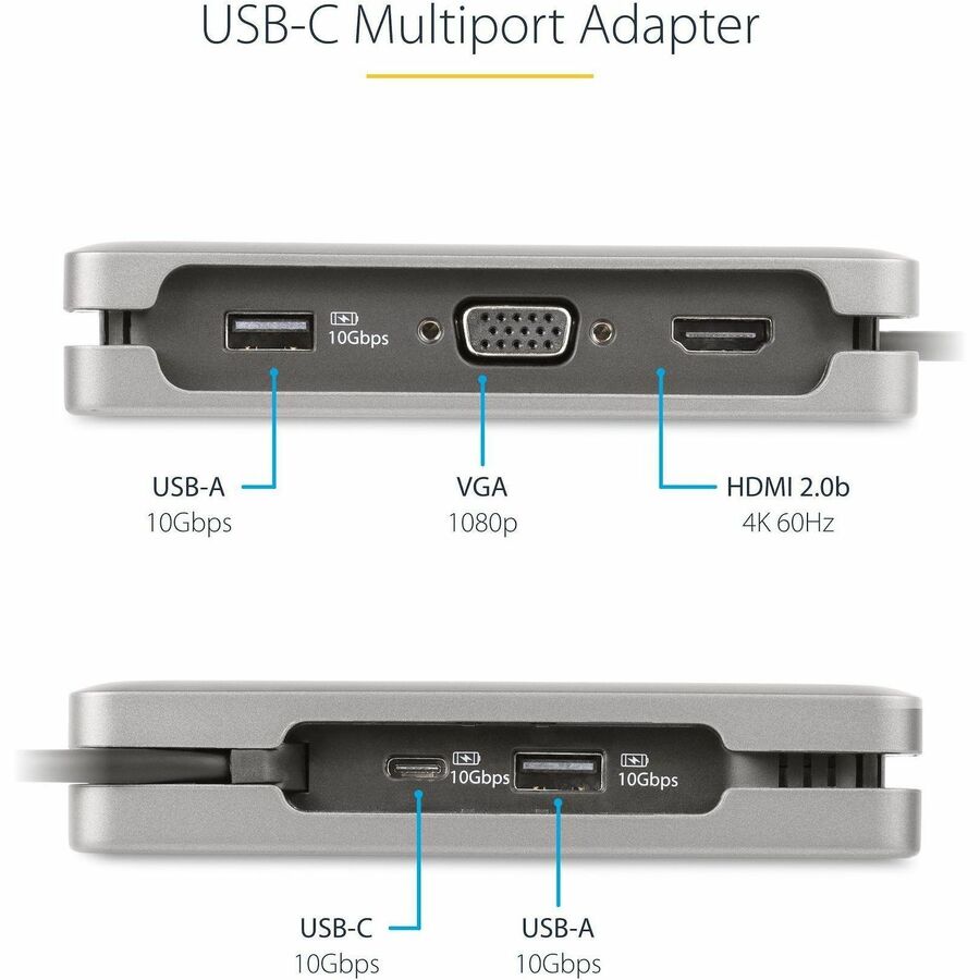 StarTech.com USB-C Multiport Adapter, HDMI/VGA, 4K 60Hz, 3-Port USB Hub, 100W PD Pass-Through, GbE, Mini Docking Station, 1ft/30cm Cable DKT31CVHPD3