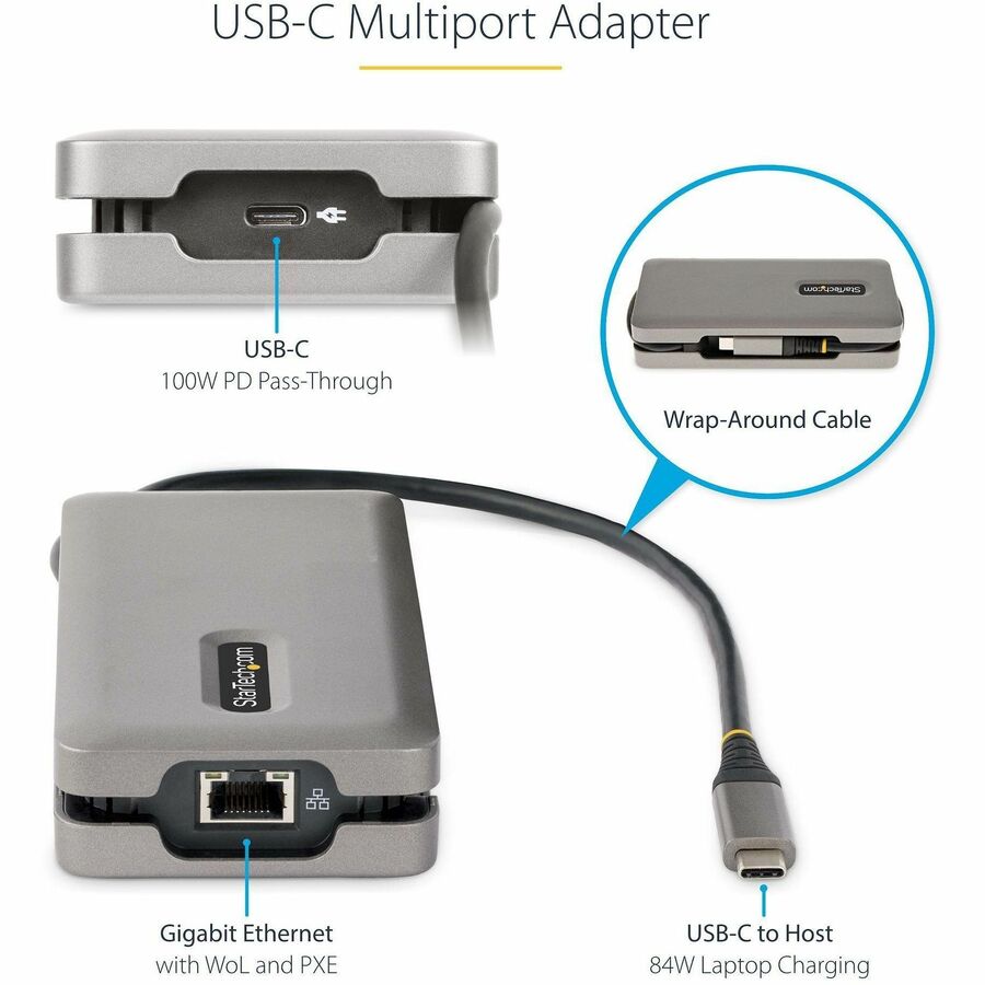 StarTech.com USB-C Multiport Adapter, HDMI/VGA, 4K 60Hz, 3-Port USB Hub, 100W PD Pass-Through, GbE, Mini Docking Station, 1ft/30cm Cable DKT31CVHPD3