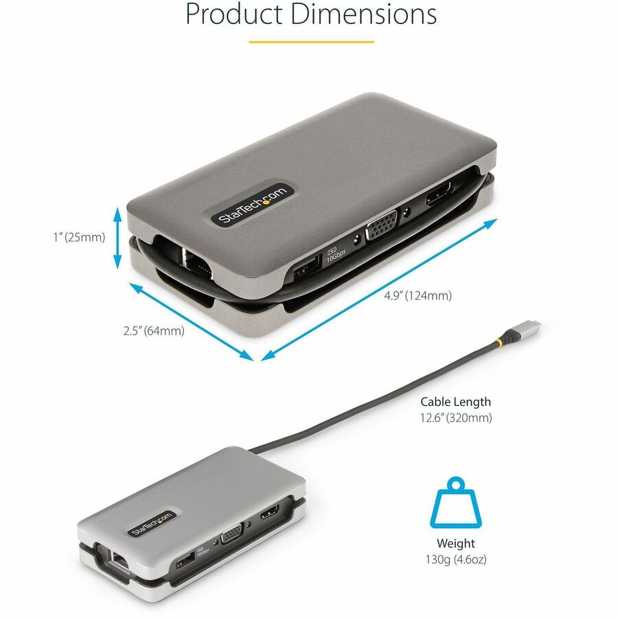 StarTech.com USB-C Multiport Adapter, HDMI/VGA, 4K 60Hz, 3-Port USB Hub, 100W PD Pass-Through, GbE, Mini Docking Station, 1ft/30cm Cable DKT31CVHPD3