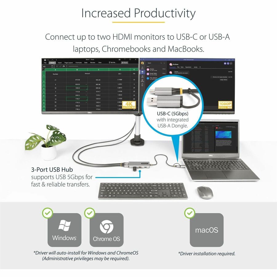 StarTech.com USB-C Multiport Adapter w/Attached USB-C to USB-A Dongle, Dual HDMI 4K/1080, 3x USB, Mini Laptop Docking Station, Travel Dock 167B-USBC-MULTIPORT