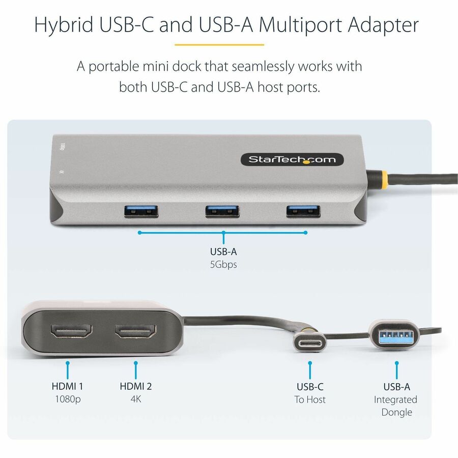 StarTech.com USB-C Multiport Adapter w/Attached USB-C to USB-A Dongle, Dual HDMI 4K/1080, 3x USB, Mini Laptop Docking Station, Travel Dock 167B-USBC-MULTIPORT