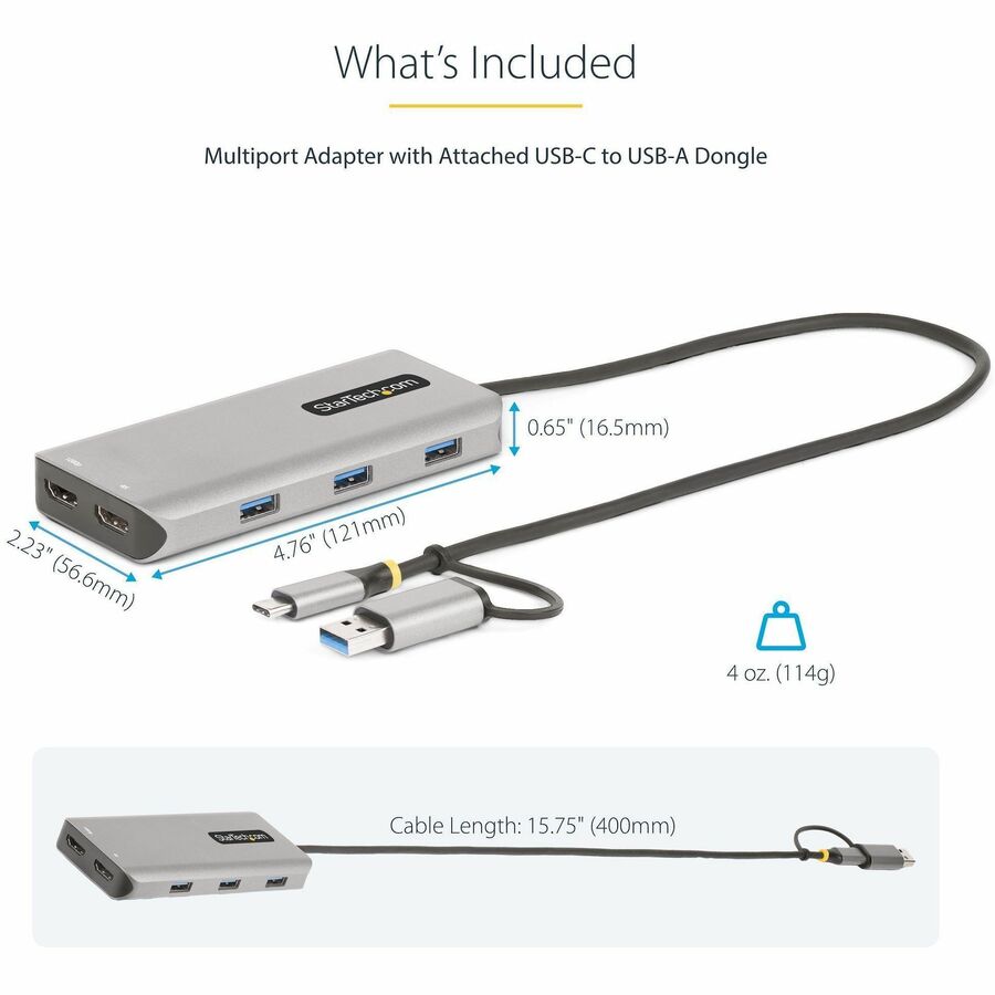 StarTech.com USB-C Multiport Adapter w/Attached USB-C to USB-A Dongle, Dual HDMI 4K/1080, 3x USB, Mini Laptop Docking Station, Travel Dock 167B-USBC-MULTIPORT