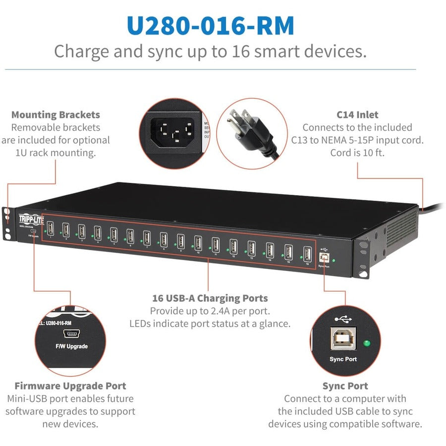 Tripp Lite by Eaton 16-Port USB Charging Station with Syncing Function - 5V 40A / 200W USB Charger Output, TAA U280-016-RM