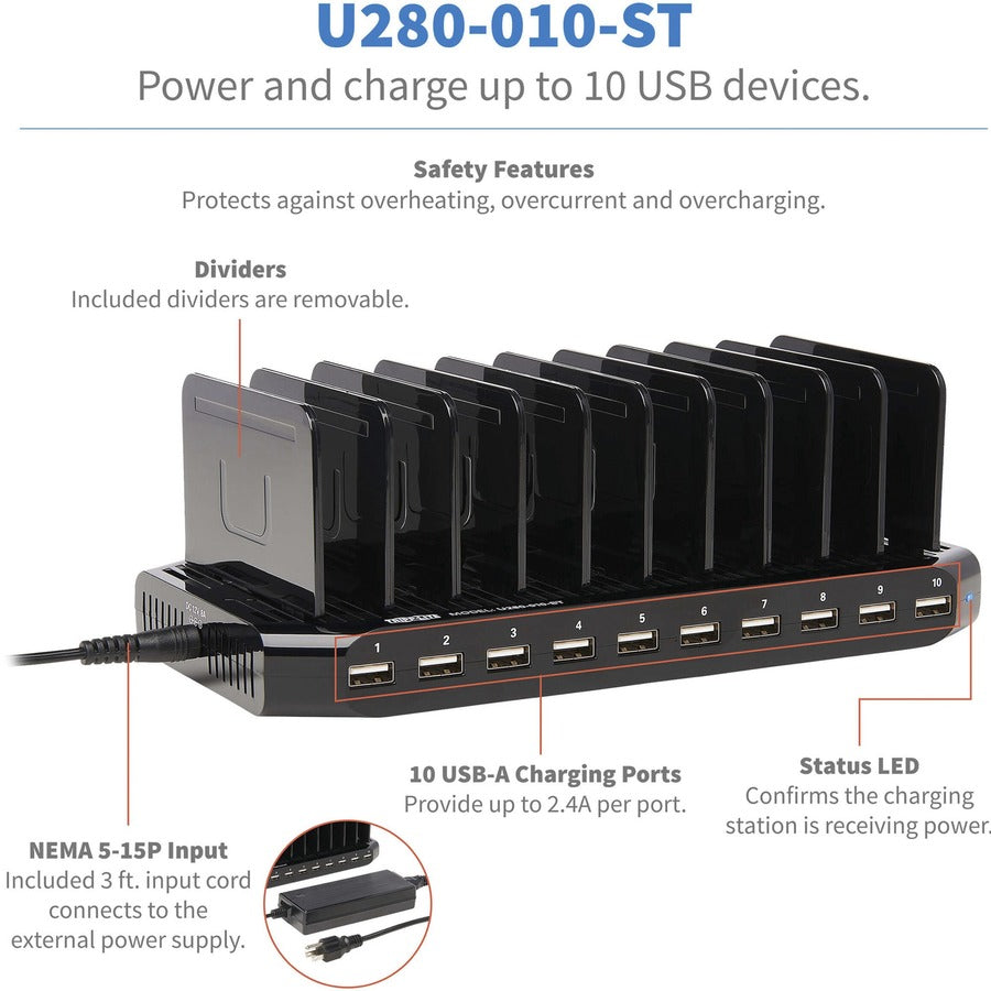 Tripp Lite by Eaton 10-Port USB Charging Station with Adjustable Storage, 12V 8A (96W) USB Charger Output U280-010-ST