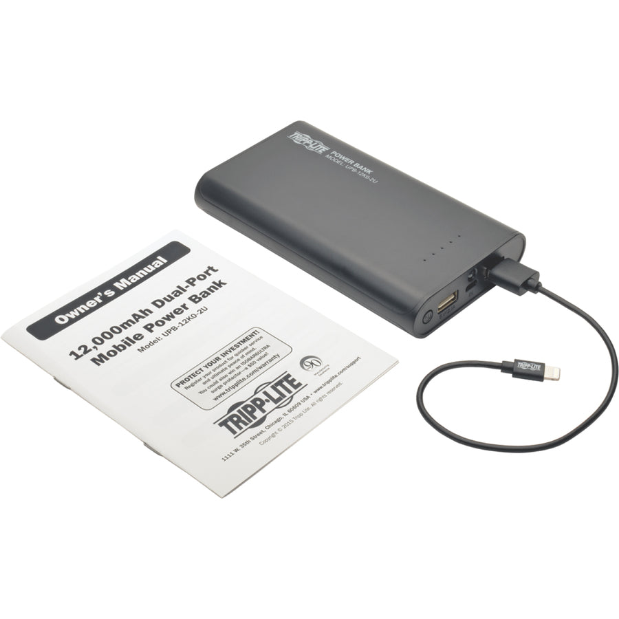 Tripp Lite by Eaton Portable Charger - 2x USB-A, 12,000mAh Power Bank, Lithium-Ion, LED Flashlight, Black UPB-12K0-2U