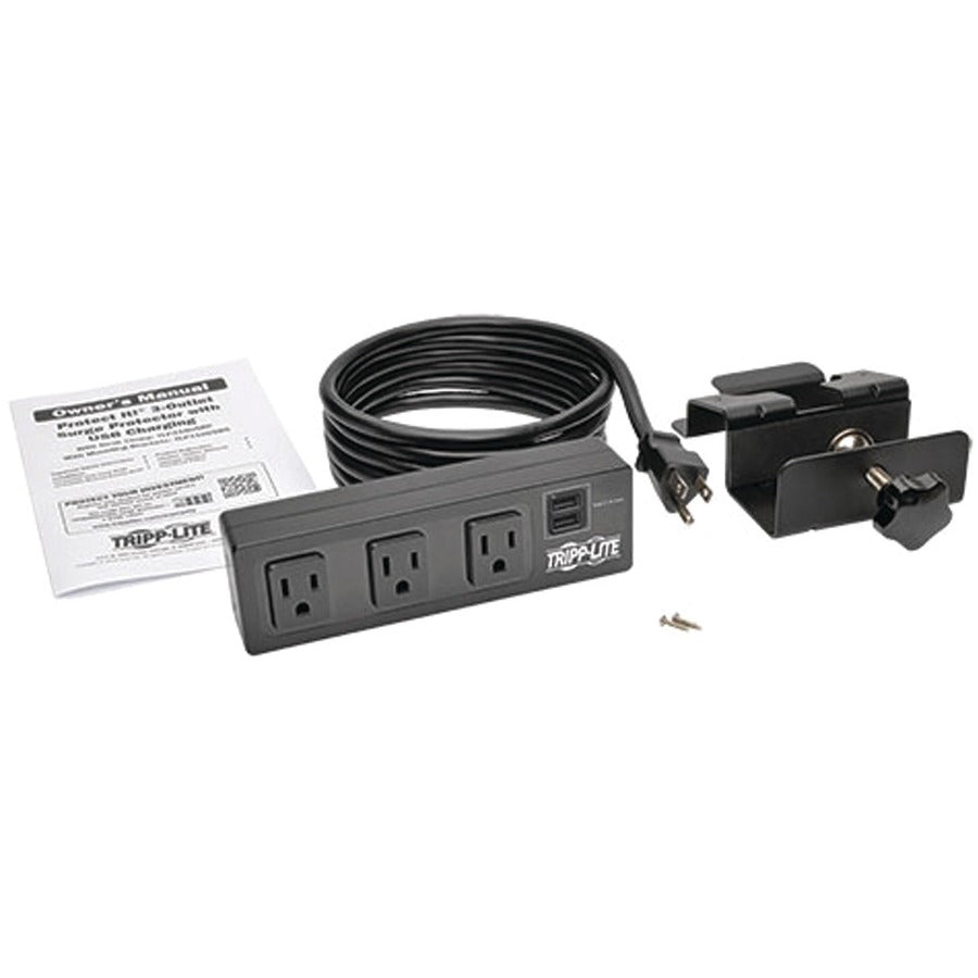 Tripp Lite by Eaton Protect It! 3-Outlet Surge Protector with Desk Clamp, 10 ft. Cord, 510 Joules, 2 USB Charging Ports, Black Housing TLP310USBC