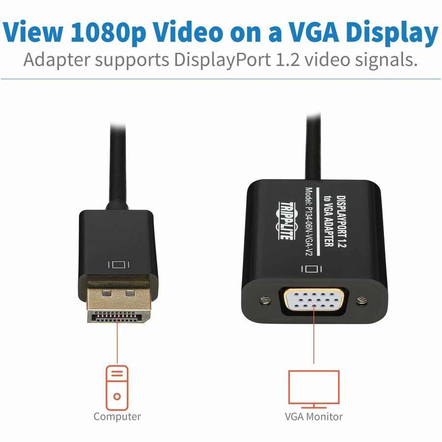 Tripp Lite by Eaton DisplayPort to VGA Active Adapter Video Converter , DP ver 1.2 (M/F), 6-in. (15.24 cm) P134-06N-VGA-V2