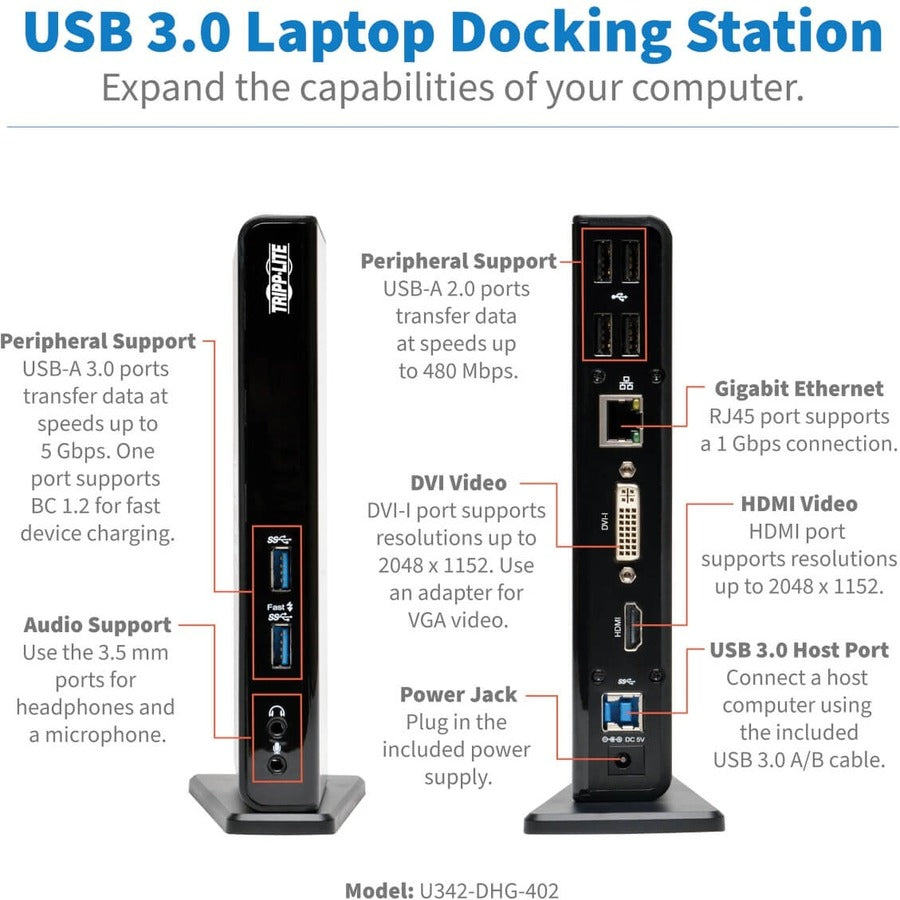 Tripp Lite by Eaton USB 3.0 Laptop Dual Head Dock Station HDMI DVI Video Audio USB RJ45 Ethernet U342-DHG-402