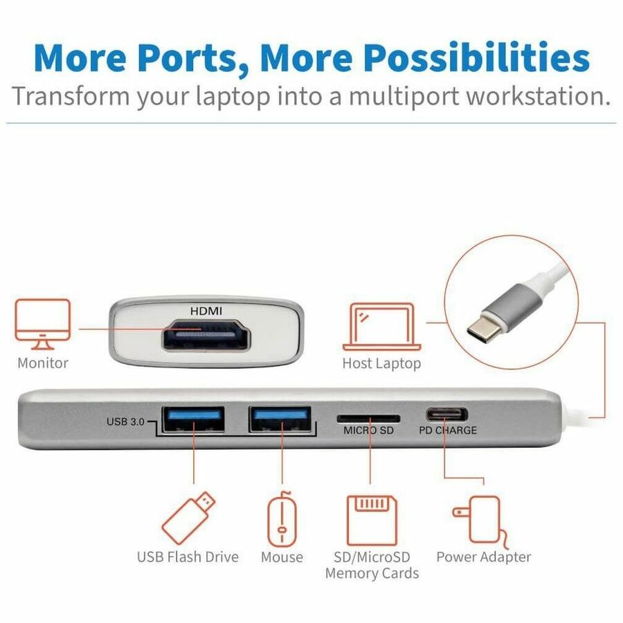 Tripp Lite by Eaton USB C Docking Station 4k @ 30Hz w/USB Hub HDMI Micro SD Charging, USB Type C, USB-C, USB Type-C U442-DOCK10-S