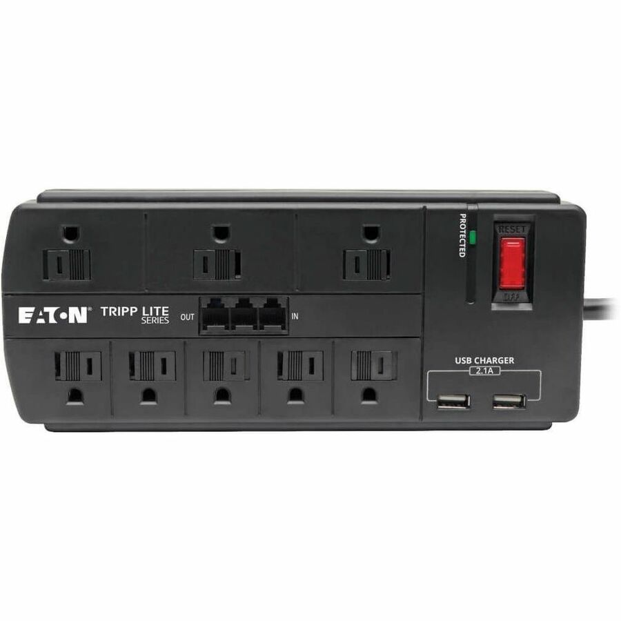 Eaton Tripp Lite Series 8-Outlet Surge Protector with 2 USB Ports (2.1A Shared) - 8 ft. (2.43 m) Cord, 1200 Joules, Tel/Modem, Black TLP88TUSBB