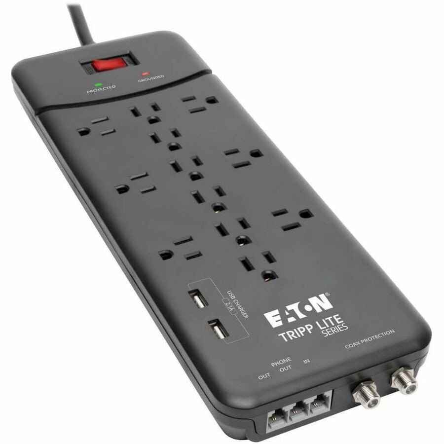 Eaton Tripp Lite Series Protect It! 12-Outlet Surge Protector, 8 ft. (2.43 m) Cord, 4320 Joules, Tel/Modem/Coax Protection, 2 USB Ports, Black TLP128TTUSBB