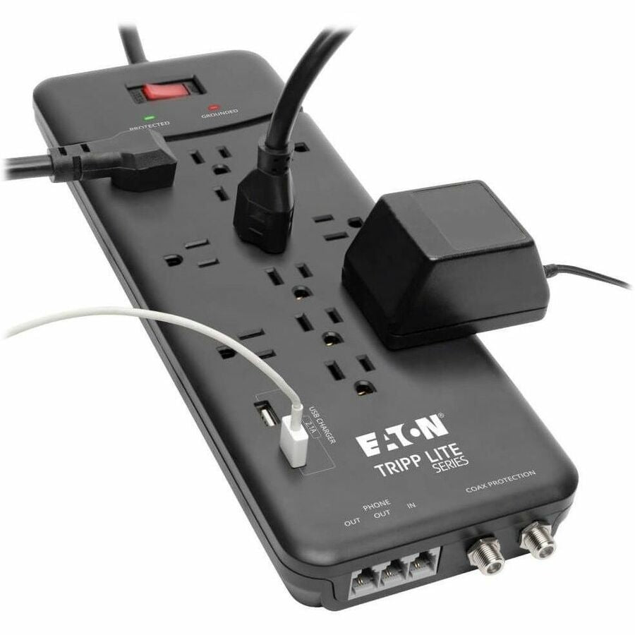 Eaton Tripp Lite Series Protect It! 12-Outlet Surge Protector, 8 ft. (2.43 m) Cord, 4320 Joules, Tel/Modem/Coax Protection, 2 USB Ports, Black TLP128TTUSBB