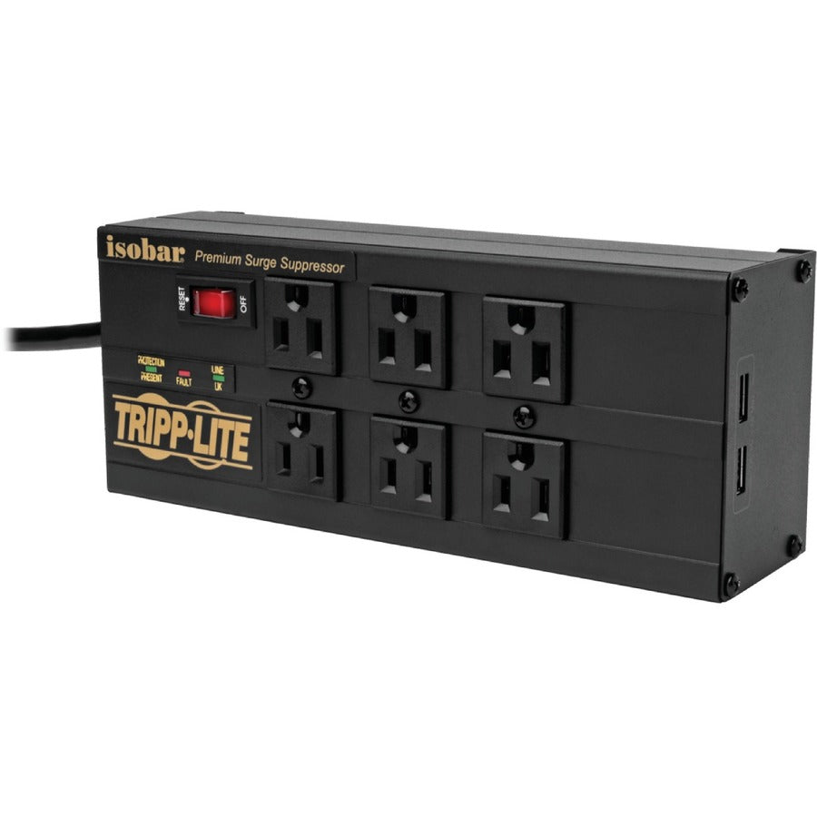 Tripp Lite by Eaton Isobar 6-Outlet Surge Protector, 10 ft. (3.05 m) Cord, Right-Angle Plug, 3840 Joules, 2 USB Ports, Metal Housing IBAR6ULTRAUSBB