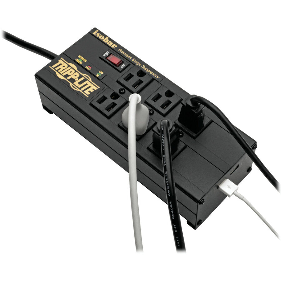 Tripp Lite by Eaton Isobar 6-Outlet Surge Protector, 10 ft. (3.05 m) Cord, Right-Angle Plug, 3840 Joules, 2 USB Ports, Metal Housing IBAR6ULTRAUSBB