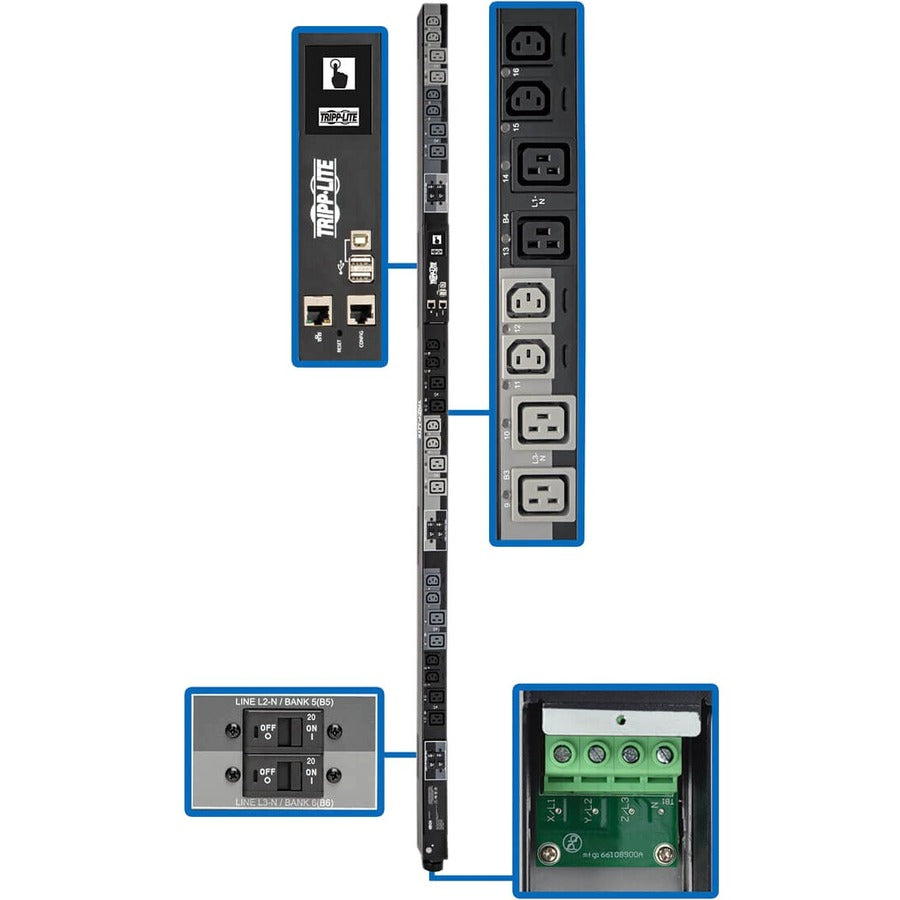 Tripp Lite by Eaton 28.8kW 220-240V 3PH Switched PDU - LX Interface, Gigabit, 24 Outlets, Hardwire 380-415V Input, LCD, 1.8 m Cord, 0U 1.8 m Height, TAA PDU3XEVSRHWA