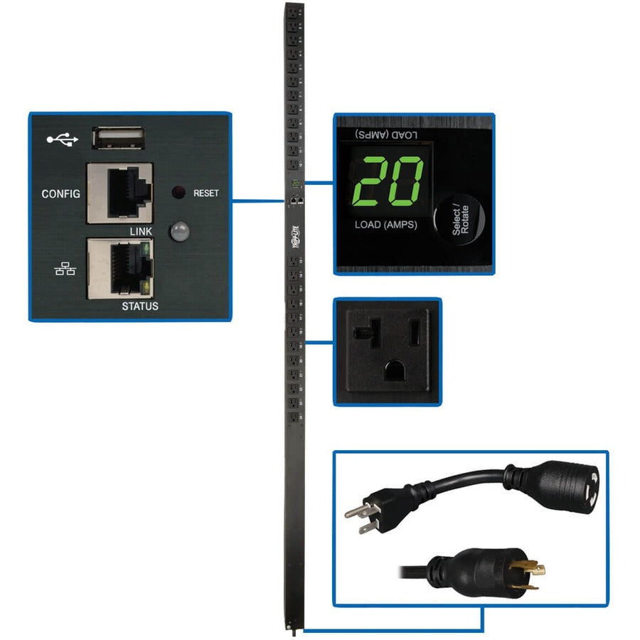 Tripp Lite by Eaton 1.9kW Single-Phase Switched PDU - LX Interface, 120V Outlets (24 5-15/20R), 10 ft. (3.05 m) Cord with L5-20P, 0U, TAA PDUMV20NETLX