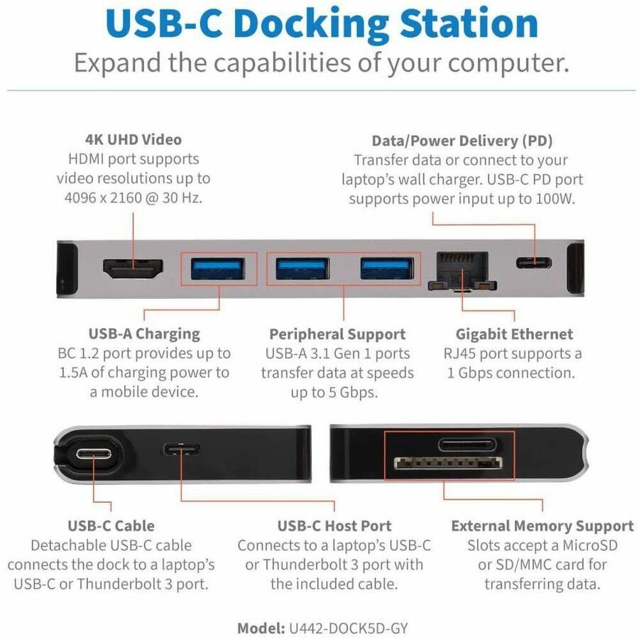 Tripp Lite by Eaton USB-C Dock - 4K HDMI, USB 3.x (5Gbps), USB-A/C Hub Ports, GbE, Memory Card, 100W PD Charging, Detachable Cord U442-DOCK5D-GY