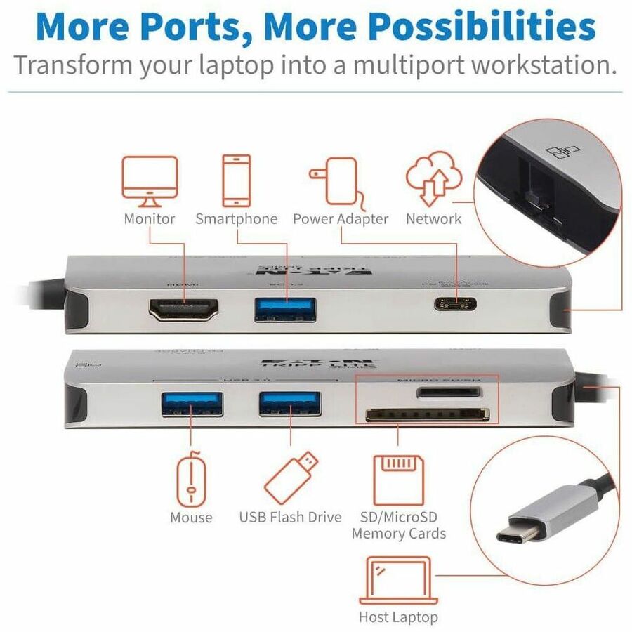 Tripp Lite by Eaton USB-C Dock - 4K HDMI, USB 3.x (5Gbps), USB-A/C Hub Ports, GbE, Memory Card, 100W PD Charging U442-DOCK5-GY