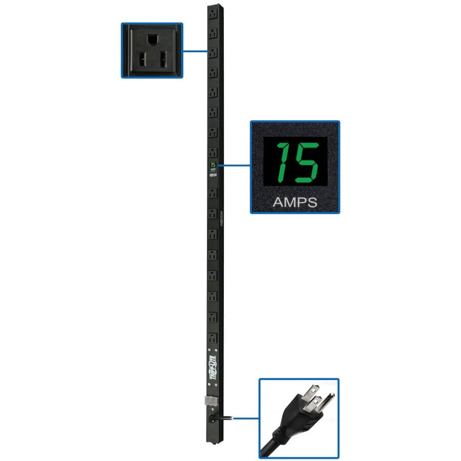 Tripp Lite by Eaton 1.4kW Single-Phase Local Metered PDU, 120V Outlets (16 5-15R), 5-15P, 15 ft. (4.57 m) Cord, 0U Vertical, 48 in. PDUMV15