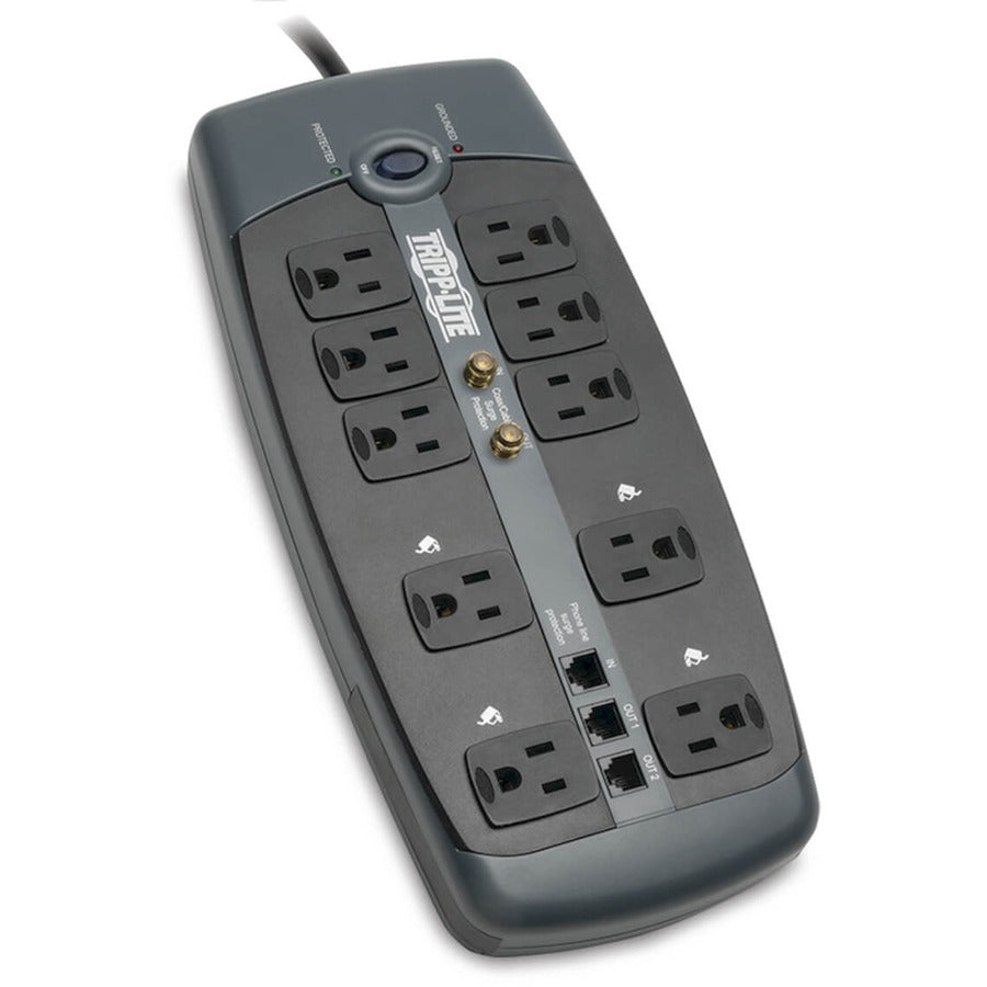 Tripp Lite by Eaton Protect It! 10-Outlet Surge Protector, 8 ft. (2.43 m) Cord, 3345 Joules, Tel/Modem/Coaxial Protection TLP1008TELTV