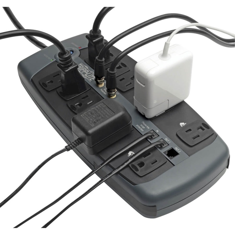 Tripp Lite by Eaton Protect It! 10-Outlet Surge Protector, 8 ft. (2.43 m) Cord, 3345 Joules, Tel/Modem/Coaxial Protection TLP1008TELTV