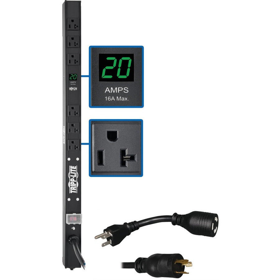Tripp Lite by Eaton 2kW Single-Phase Local Metered PDU, 100-127V Outlets (6 5-15/20R), L5-20P/5-20P adapter, 0U Vertical, 24-in. PDUMV20-24