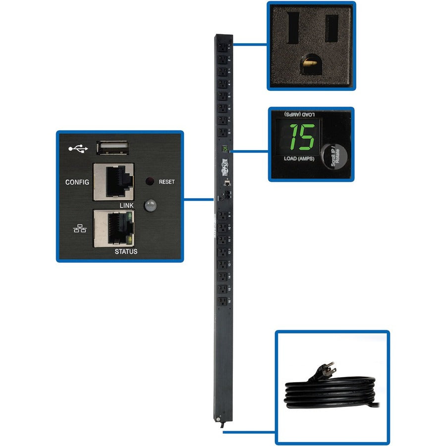 Tripp Lite by Eaton 1.4kW Single-Phase Switched PDU - LX Interface, 120V Outlets (16 5-15R), 10 ft. (3.05 m) Cord with 5-15P, 0U, TAA PDUMV15NETLX