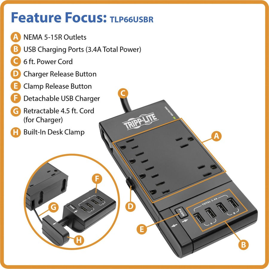 Tripp Lite by Eaton Protect It! 6-Outlet Surge Protector, 4 USB Ports, 6 ft. Cord, 1080 Joules, Diagnostic LED, Black Housing TLP66USBR