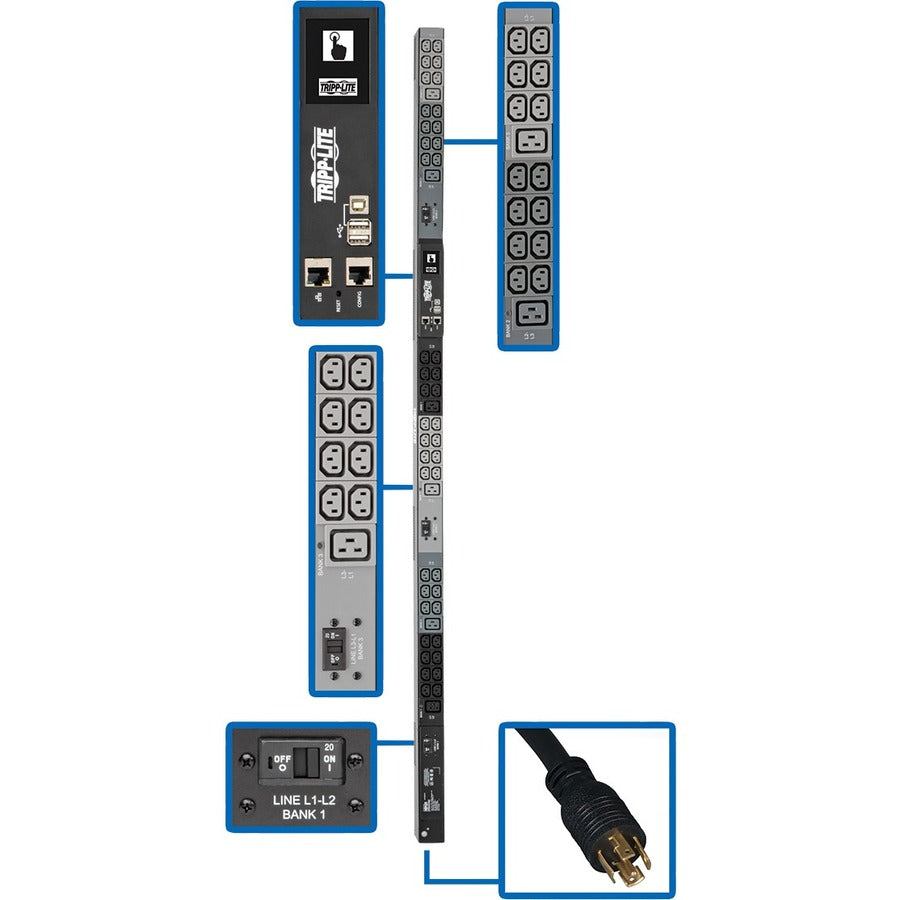 Tripp Lite by Eaton 10kW 200-240V 3PH Monitored PDU - LX Interface, Gigabit, 48 Outlets, L21-30P Input, LCD, 1.8 m Cord, 0U 1.8 m Height, TAA PDU3EVN6L2130B