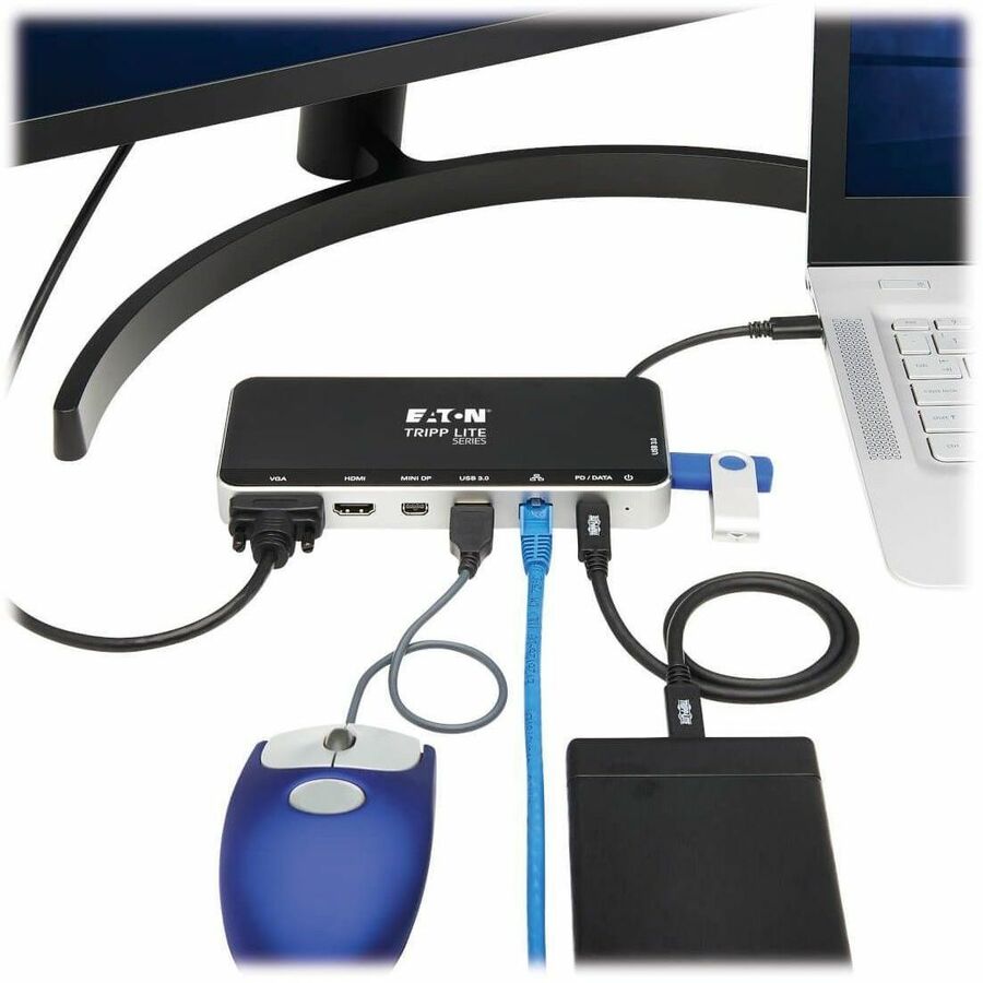 Tripp Lite by Eaton USB Dock, Triple Display - 4K HDMI & mDP, VGA, USB 3.x (5Gbps), USB-A/C Hub, GbE, 60W PD Charging U442-DOCK16-B