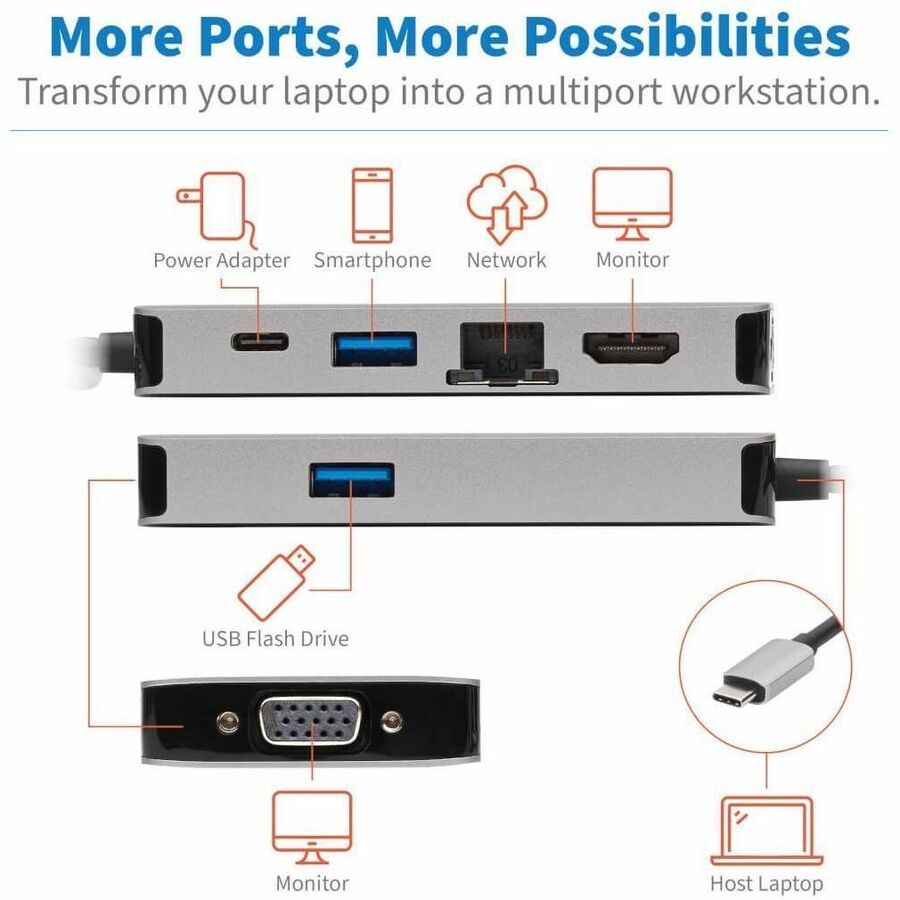 Tripp Lite by Eaton USB-C Dock, Dual Display - 4K HDMI, VGA, USB 3.x (5Gbps), USB-A/C Hub, GbE, 100W PD Charging U442-DOCK6-GY