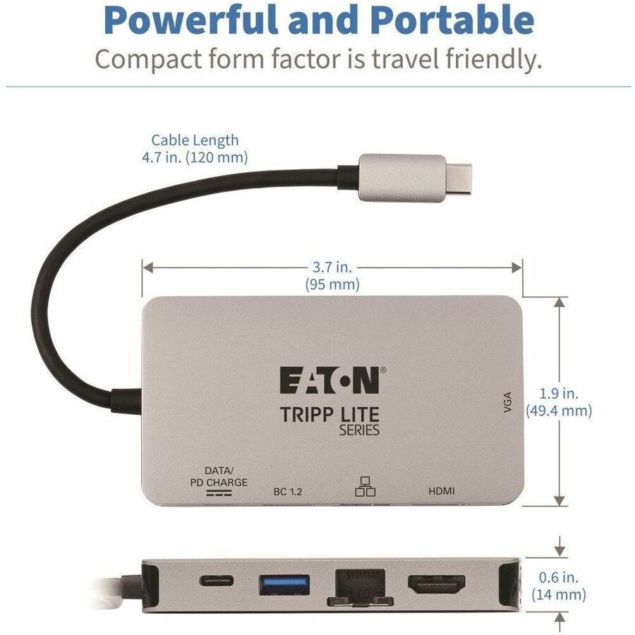 Tripp Lite by Eaton USB-C Dock, Dual Display - 4K HDMI, VGA, USB 3.x (5Gbps), USB-A/C Hub, GbE, 100W PD Charging U442-DOCK6-GY
