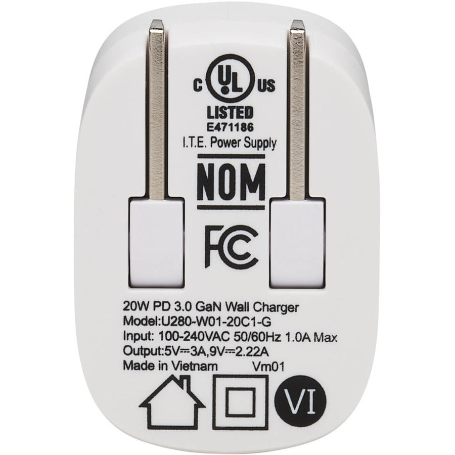 Tripp Lite by Eaton Compact 1-Port USB-C Wall Charger - GaN Technology, 20W PD3.0 Charging, White U280-W01-20C1-G