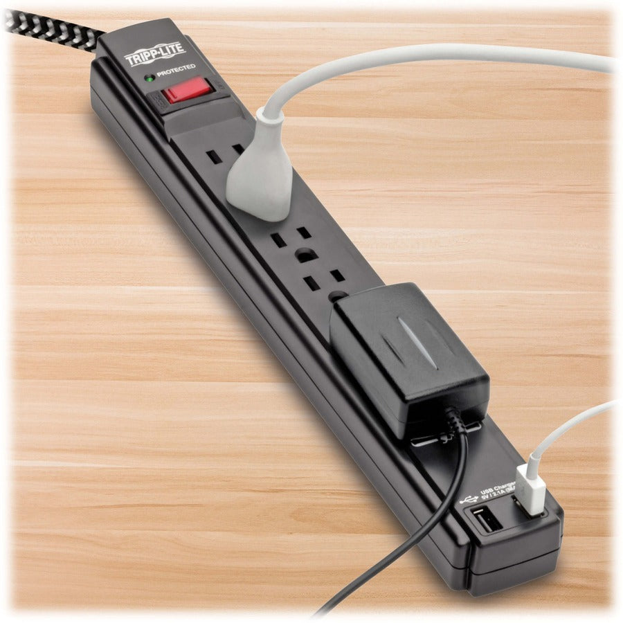Tripp Lite by Eaton Safe-IT 6-Outlet Surge Protector, 2 USB Charging Ports, 10 ft. Cord, 5-15P Plug, 990 Joules, Antimicrobial Protection, Black TLP610BUAM