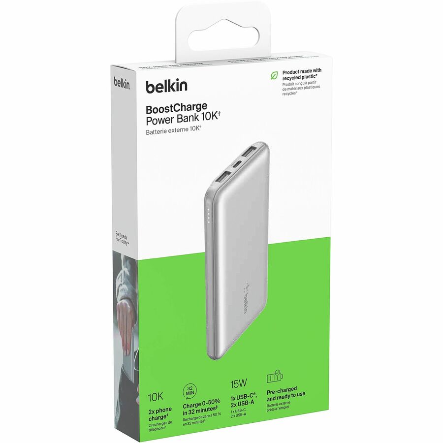 Belkin 15W 3-port USB Power Bank - 10K mAh - 2xUSB-A (12W), 1xUSB-C (15W) - Portable Charger - w/ USB-A to USB-C Cable - Silver BPB011BTSL