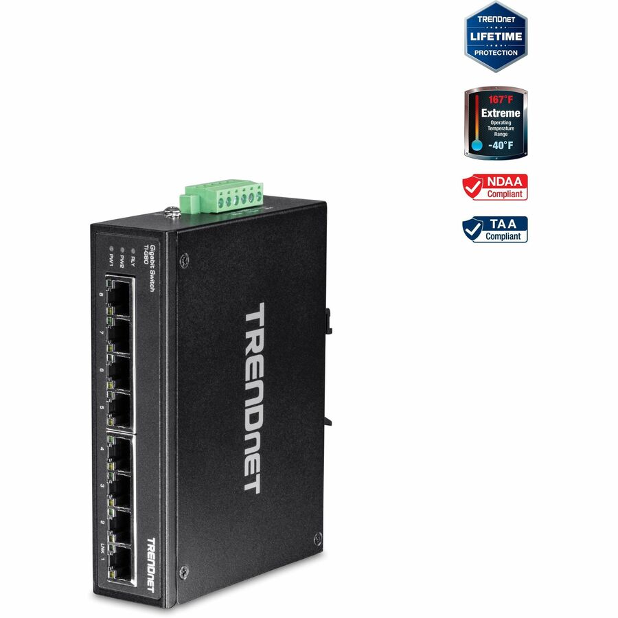 TRENDnet 8-Port Hardened Industrial Gigabit DIN-Rail Switch, 16 Gbps Switching Capacity, IP30 Rated Metal Housing (-40 to 167 F), DIN-Rail & Wall Mounts Included, Lifetime Protection, Black, TI-G80 TI-G80