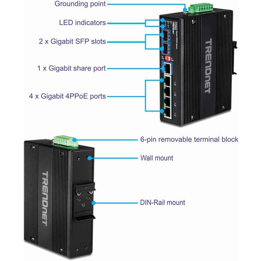 TRENDnet 6-Port Hardened Industrial Gigabit 10/100/1000 Mbps Ultra PoE DIN-Rail Switch; UPoE; IP30; DIN-Rail & Wall Mounts Included; Lifetime Protection; TI-UPG62 TI-UPG62
