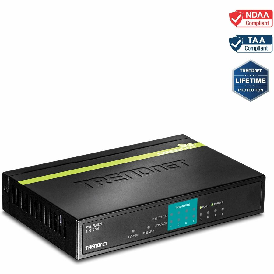 TRENDnet 8-Port 10/100Mbps PoE Switch, 4 x 10/100 Ports, 4 x 10/100 PoE Ports, 30W PoE Power Budget, 1.6 Gbps Switching Capacity, 802.3af, Lifetime Protection, Black, TPE-S44 TPE-S44
