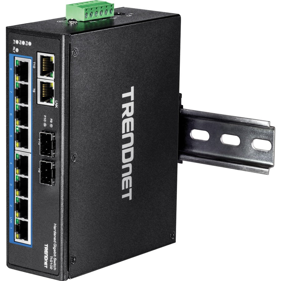 TRENDnet 10-Port Hardened Industrial Gigabit DIN-Rail Switch, 20Gbps Switching Capacity, DIN-Rail And Wall Mounts Included, Dual Redundant, Two RJ-45/SFP Ports, Lifetime Protection, Black, TI-G102 TI-G102