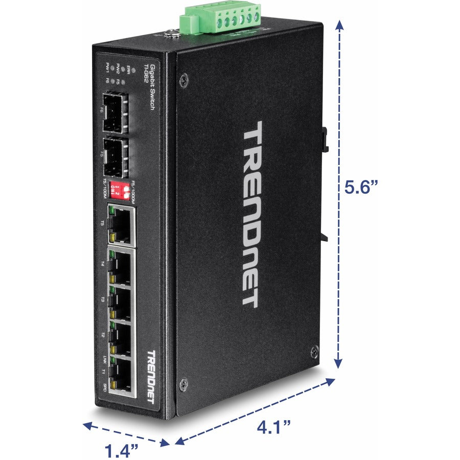 TRENDnet 6-Port Hardened Industrial Gigabit DIN-Rail Switch, 12 Gbps Switching Capacity, IP30 Rated Metal Housing (-40 to 167 F),DIN-Rail & Wall Mounts Included, Lifetime Protection, Black, TI-G62 TI-G62