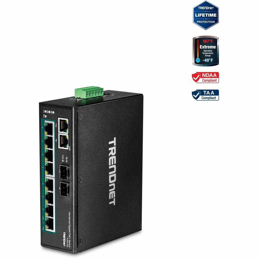 TRENDnet 10-Port Industrial Gigabit PoE+ DIN-Rail Switch, 8 x Gigabit PoE+ Ports, DIN-Rail Mount, 2 x SFP Slots, 240W PoE Power Budget, Network Switch, IP30, QoS, Lifetime Protection, Black, TI-PG102 TI-PG102