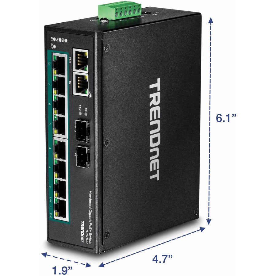 TRENDnet 10-Port Industrial Gigabit PoE+ DIN-Rail Switch, 8 x Gigabit PoE+ Ports, DIN-Rail Mount, 2 x SFP Slots, 240W PoE Power Budget, Network Switch, IP30, QoS, Lifetime Protection, Black, TI-PG102 TI-PG102