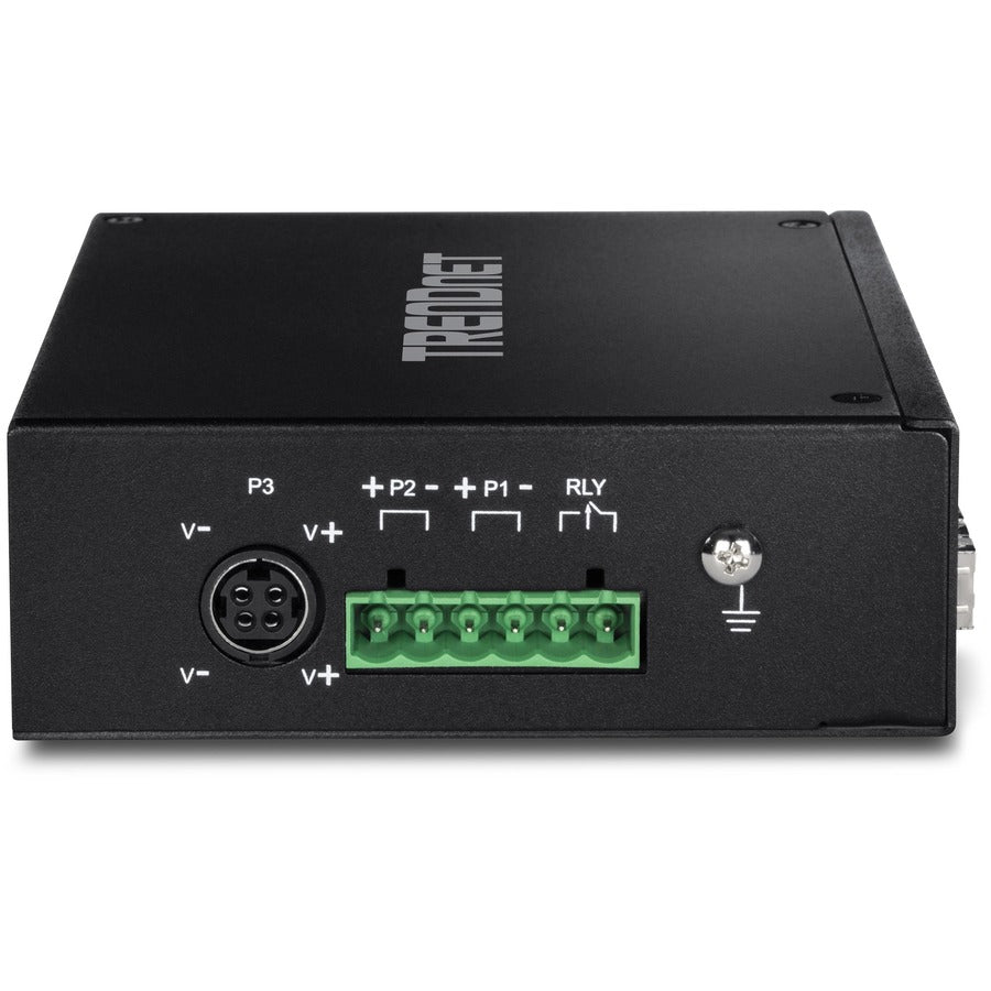 TRENDnet 6-Port Hardened Industrial Gigabit PoE+ DIN-Rail Switch, 4 x Gigabit PoE+ Ports, Shared Gigabit Port (RJ-45/SFP), Dedicated SFP, 120W Power Budget, IP30, Lifetime Protection, Black, TI-PG62 TI-PG62