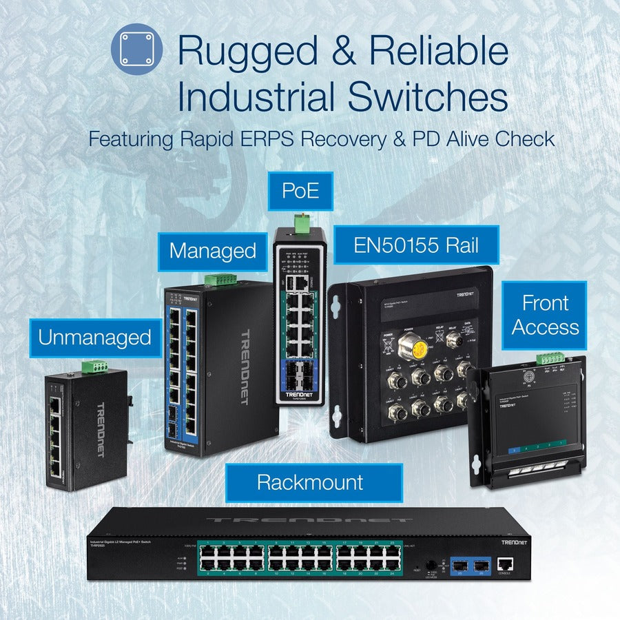 TRENDnet 8-Port Industrial Unmanaged Fast Ethernet DIN-Rail Switch; TI-E80 8 x Fast Ethernet Ports; 1.6Gbps Switching Capacity;8 Port Network Fast Ethernet Switch;IP30 Metal Switch;Lifetime Protection TI-E80