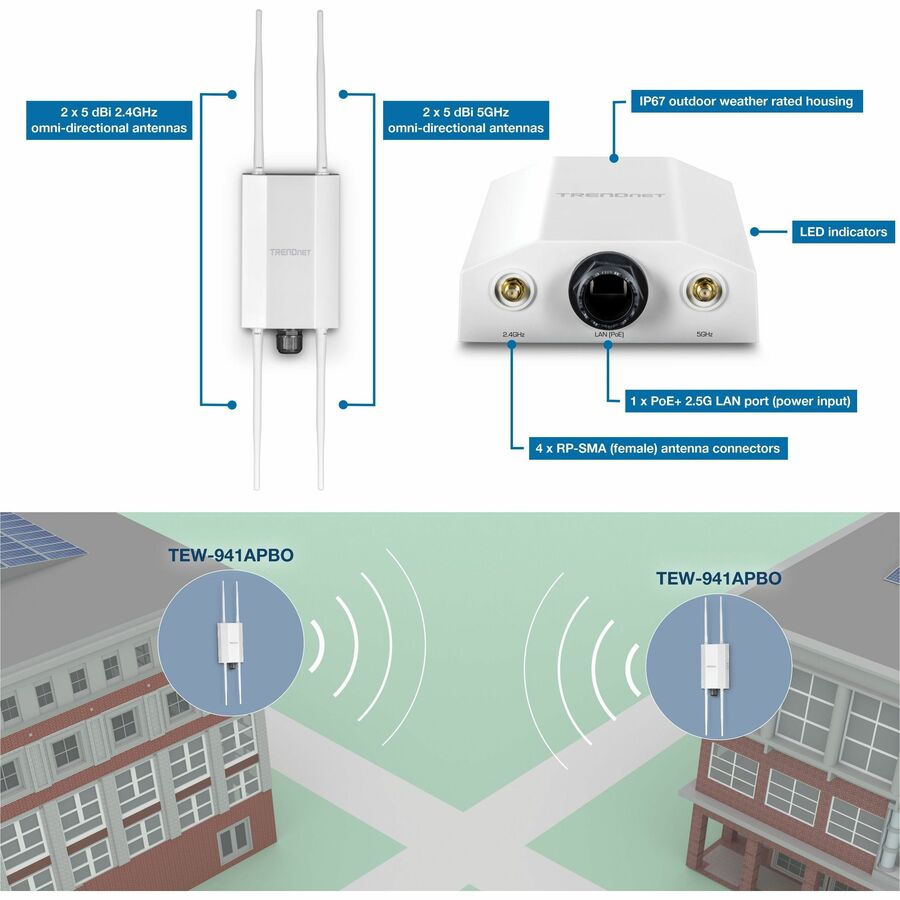 TRENDnet TEW-941APBO Dual Band IEEE 802.11 a/b/g/n/ac/ax 1.73 Gbit/s Wireless Access Point - Outdoor - TAA Compliant TEW-941APBO