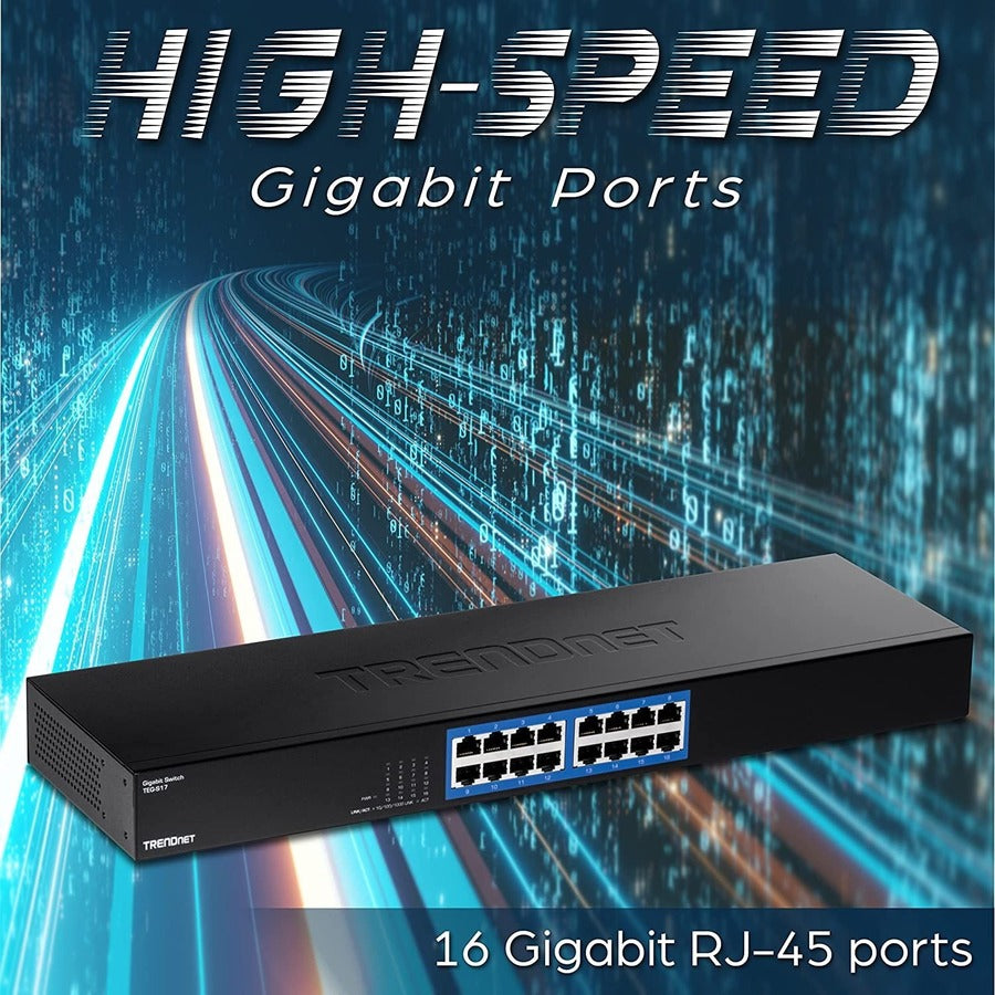 TRENDnet 16-Port Gigabit Switch, TEG-S17, 16 x Gigabit RJ-45 Ports, 32Gbps Switching Capacity, Fanless Design, Metal Enclosure, Internal Power Supply, Lifetime Protection, Black TEG-S17